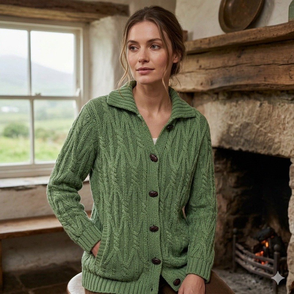 Arancrafts Ireland Womens Green Merino Wool Cable Knit Toggle Cardigan Sweater S